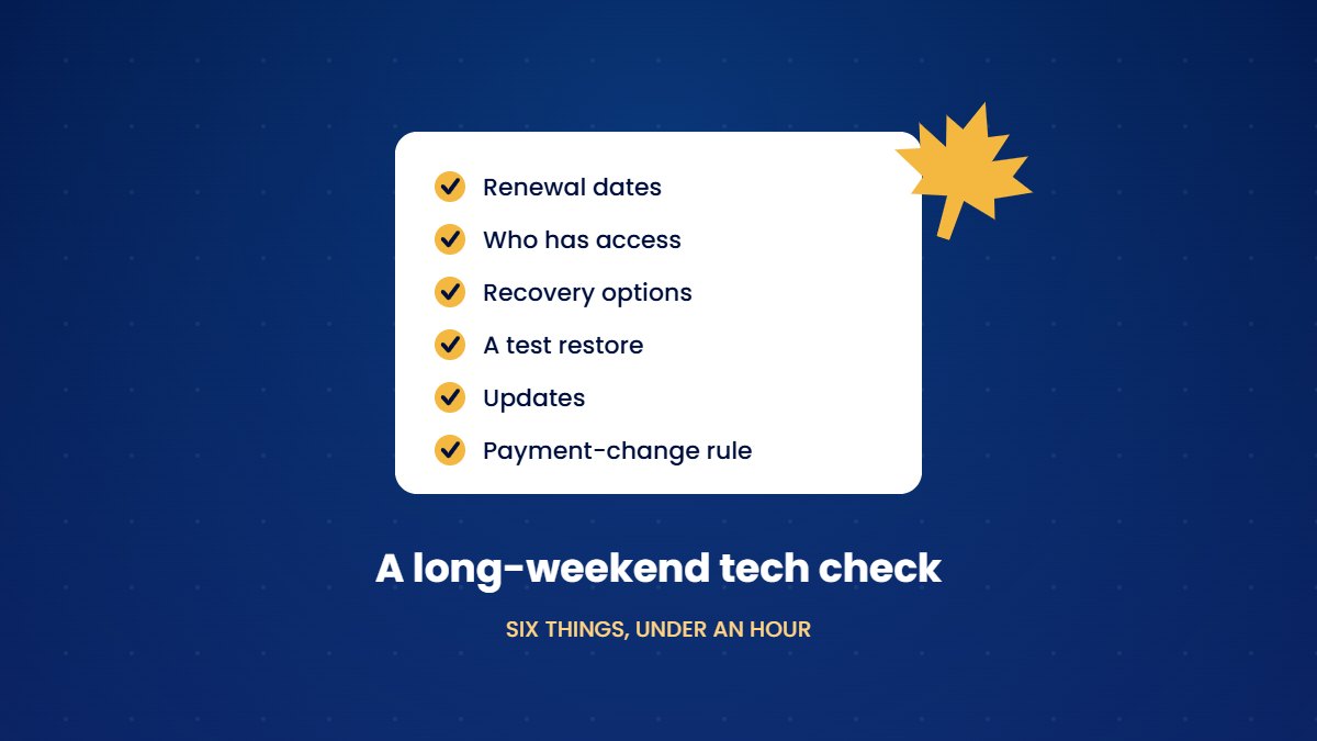A checklist card with six ticked items next to a gold maple leaf